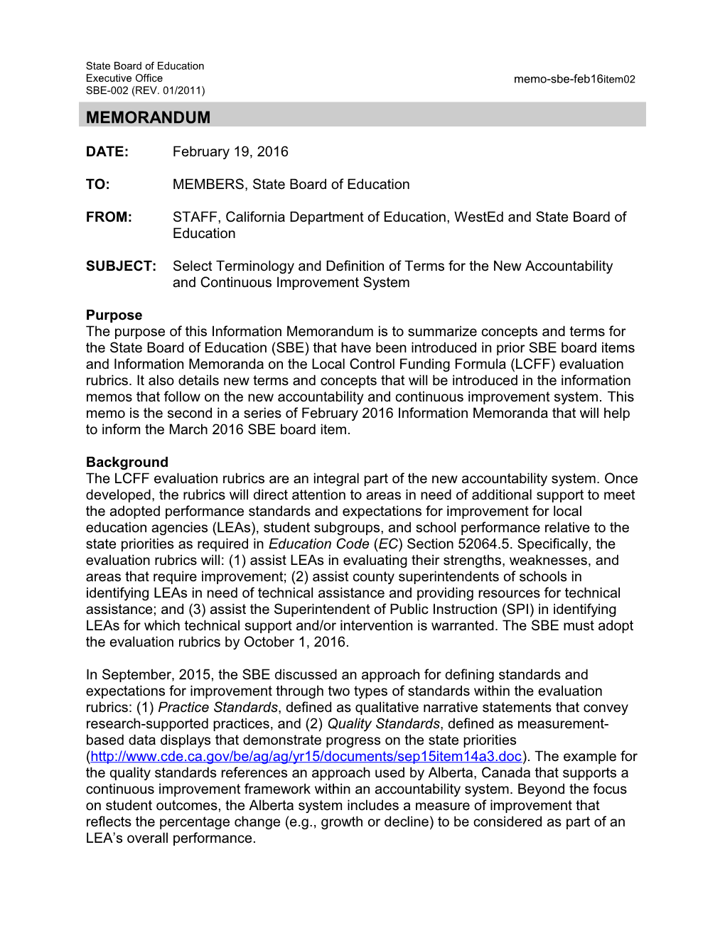 February 2016 Memo SBE Item 02 - Information Memorandum (CA State Board of Education)