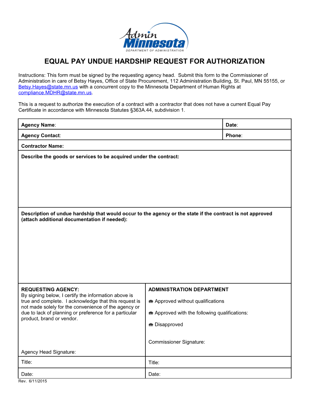 Equal Pay Undue Hardship Request for Authorization