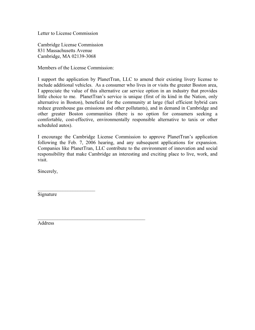 Letter to License Commission