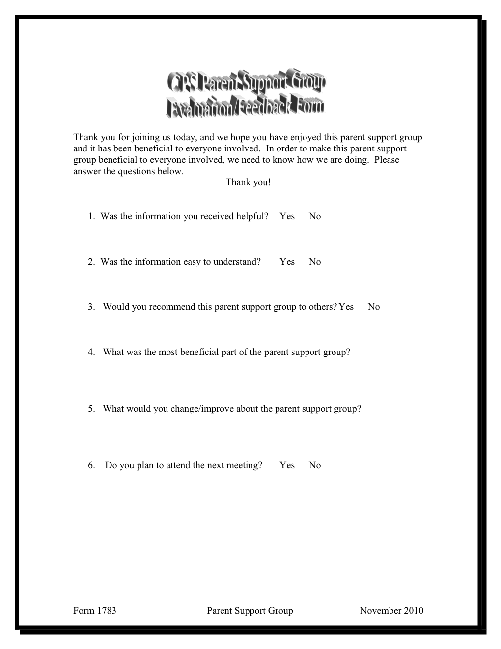 Parent Support Group Evaluation/Feedback Form
