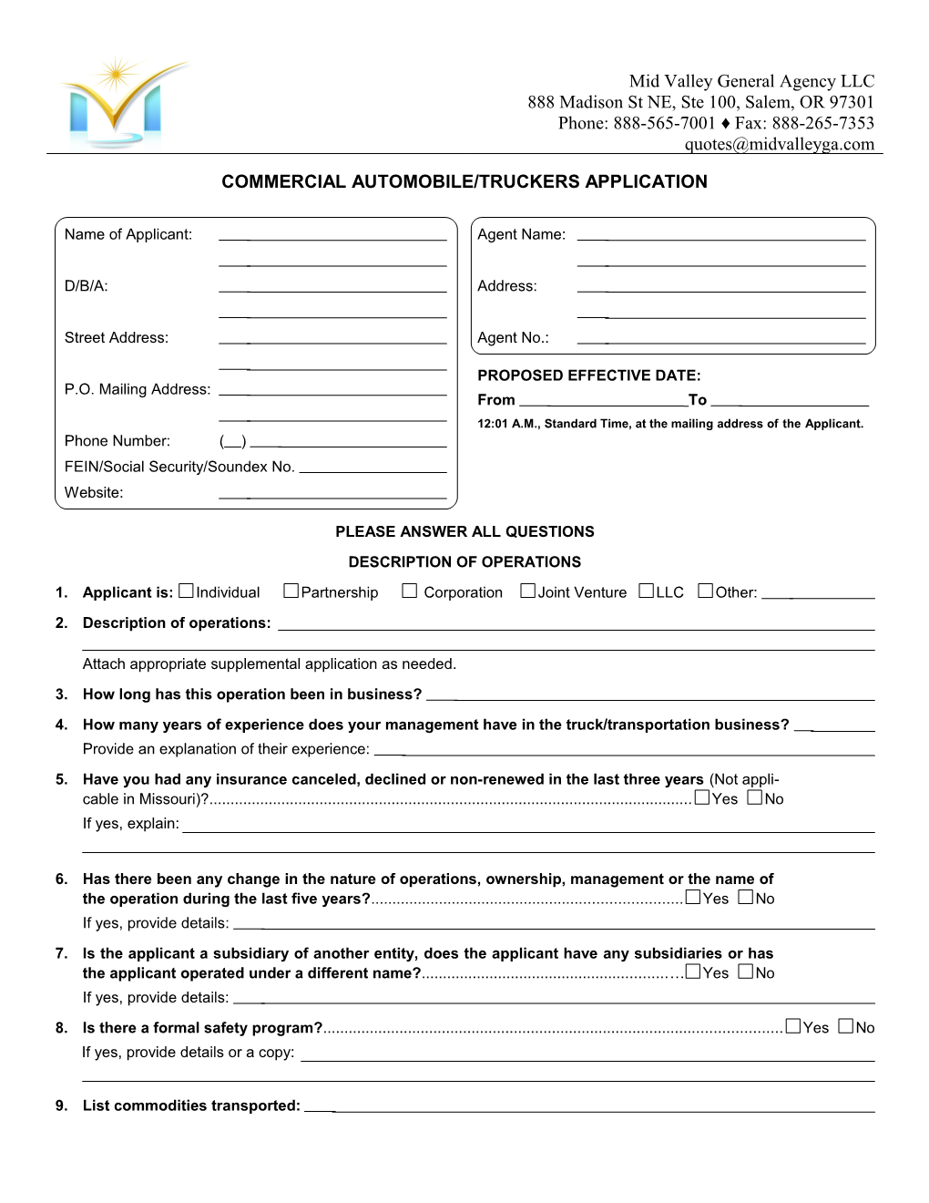 Commercial Automobile/Truckers Application s2