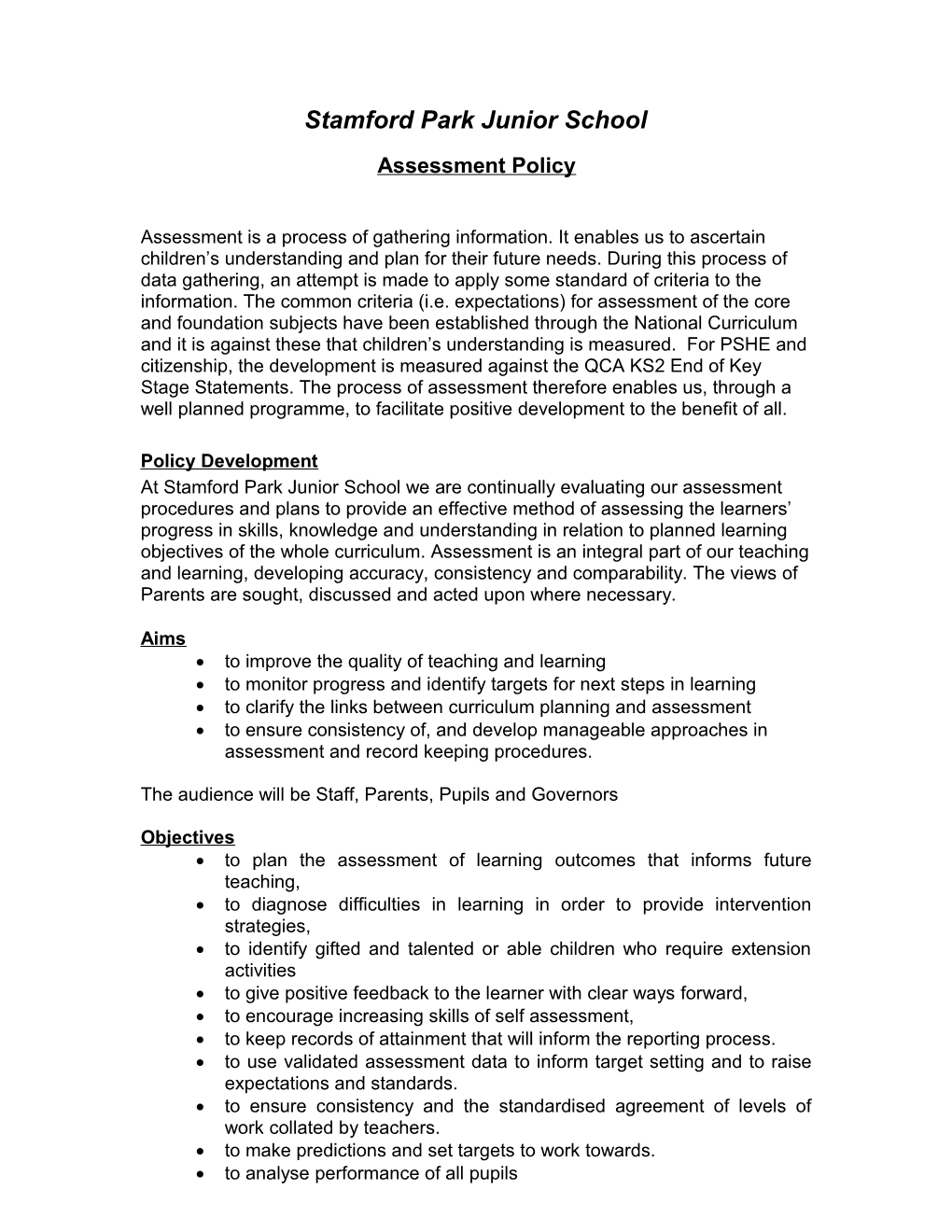 Assessment Policy Statement