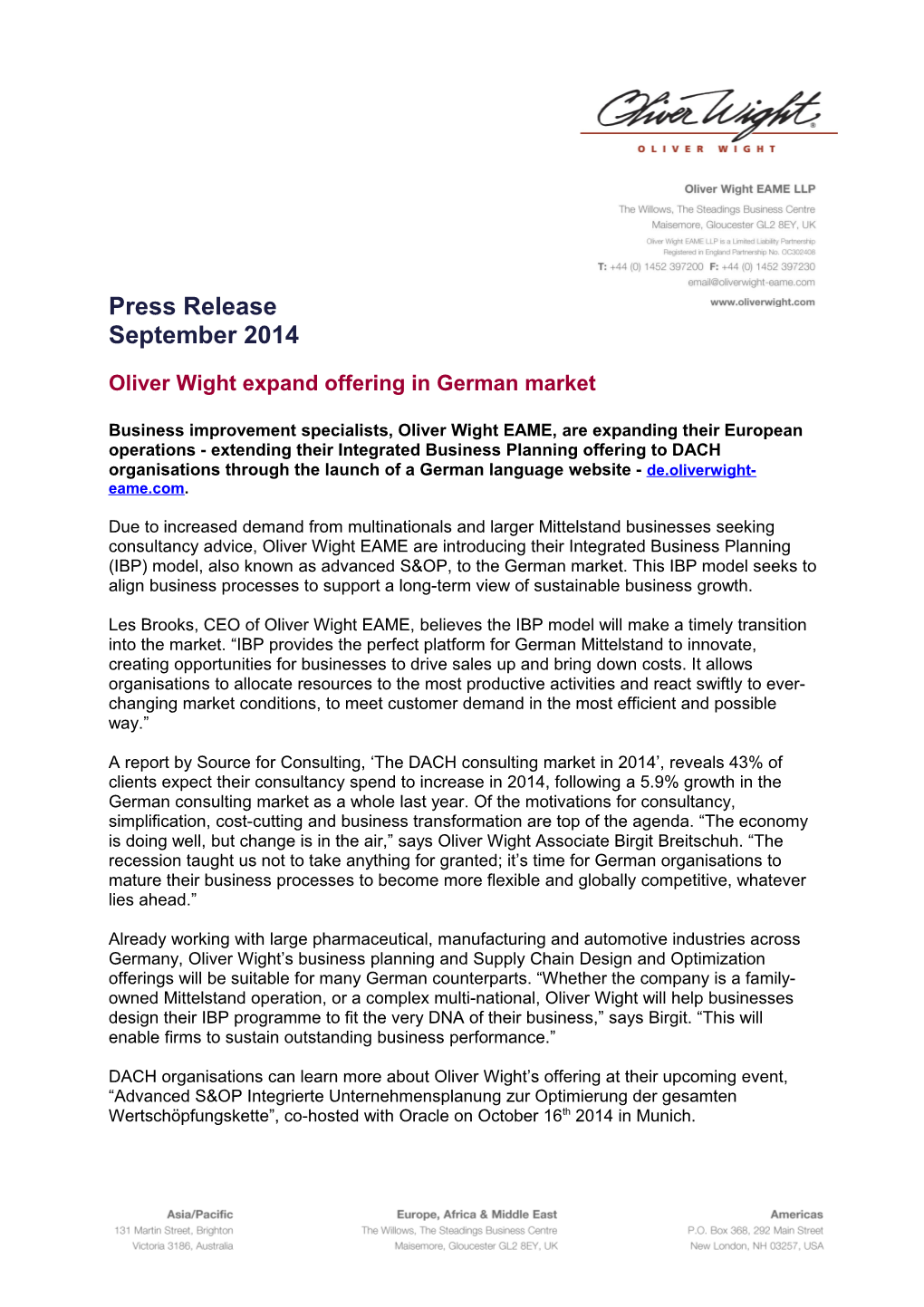 Oliver Wight Expand Offering in German Market