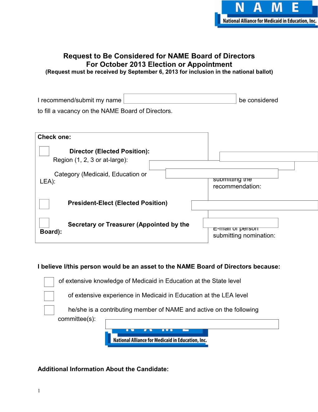 Request to Be Considered for NAME Board of Directors