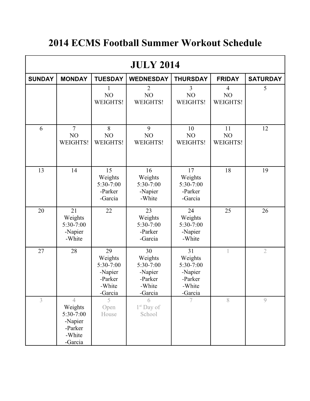 2014 ECMS Football Summer Workout Schedule
