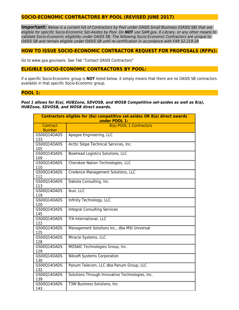 Socio-Economic Contractors by Pool (Revised June 2017)