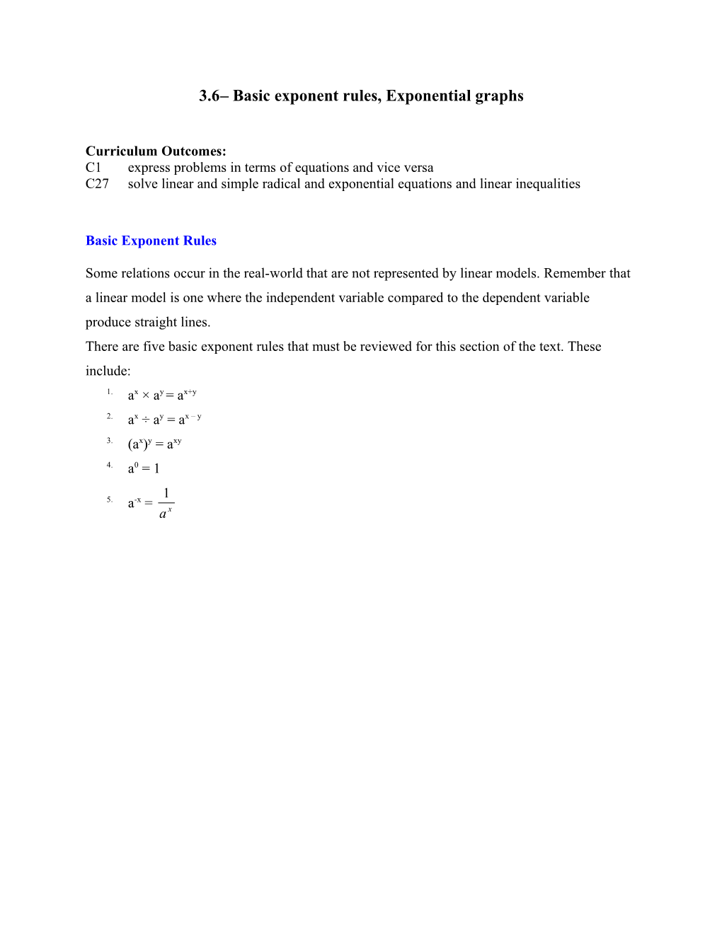 3.6 Basic Exponent Rules, Exponential Graphs