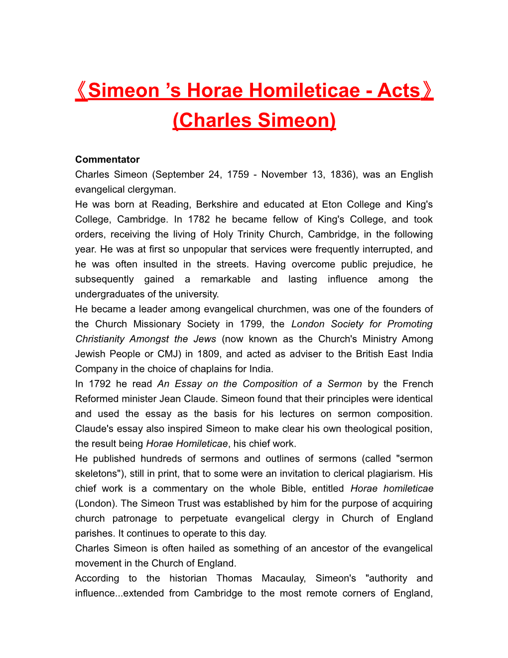 Simeon S Horae Homileticae - Acts (Charles Simeon)