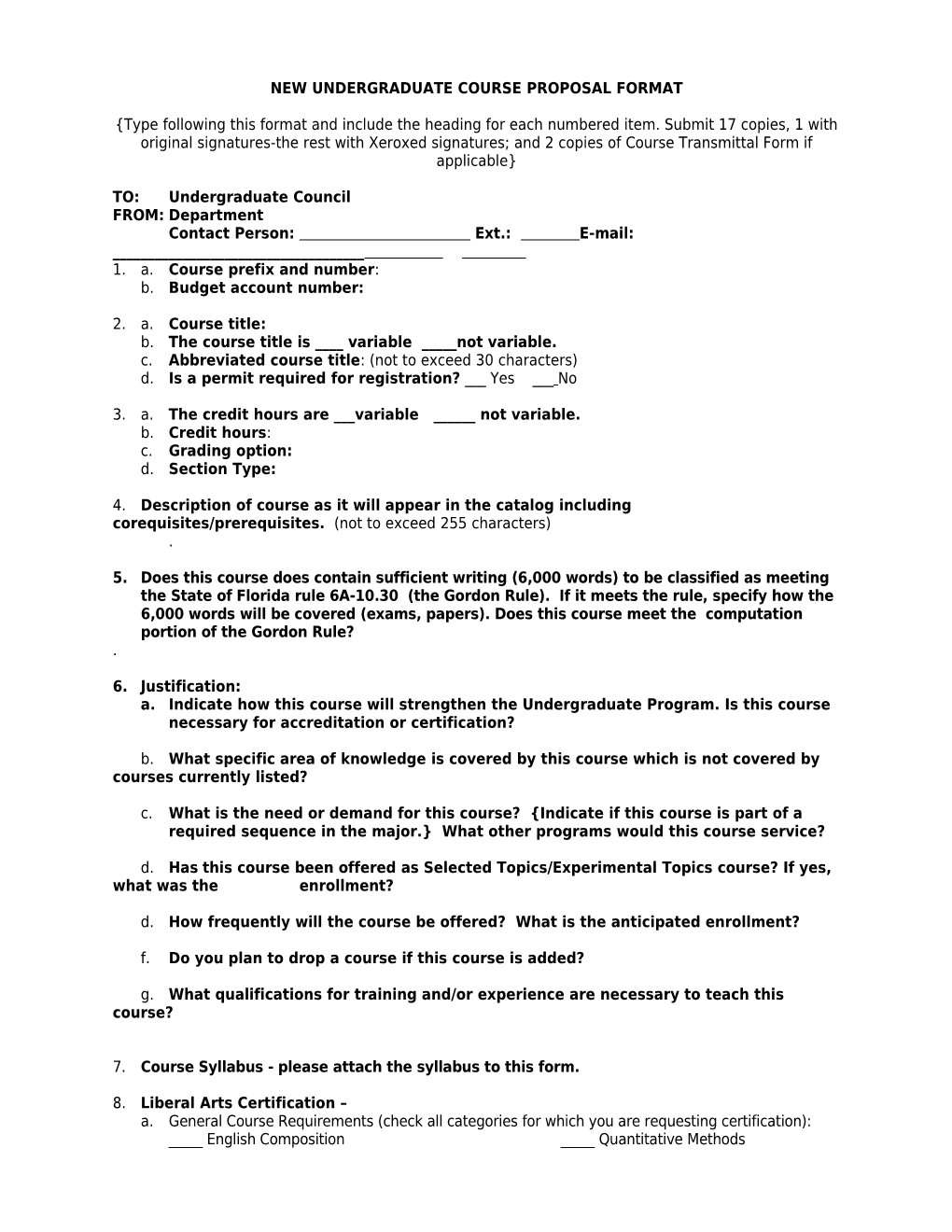 New Undergraduate Course Proposal Format