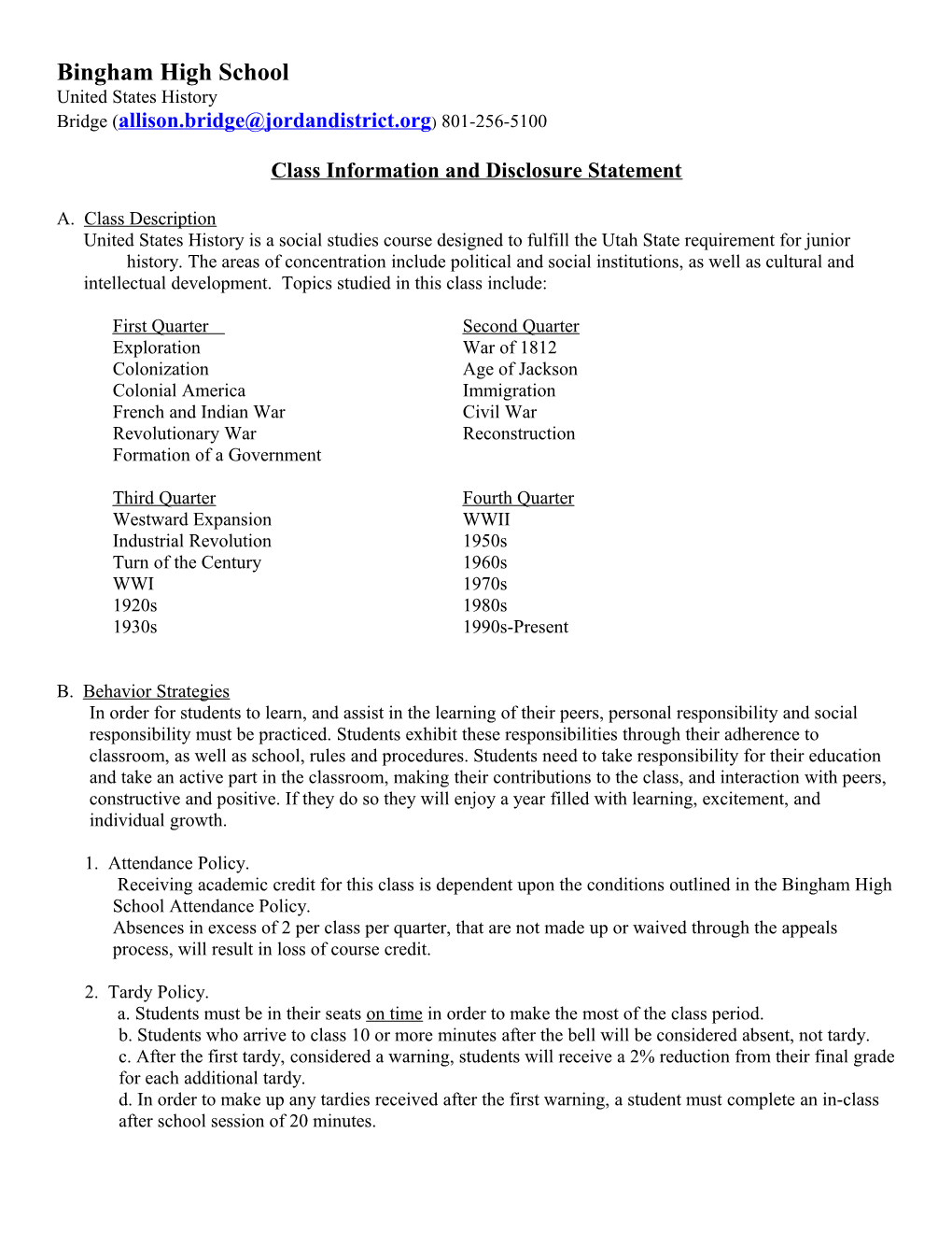 Class Information and Disclosure Statement