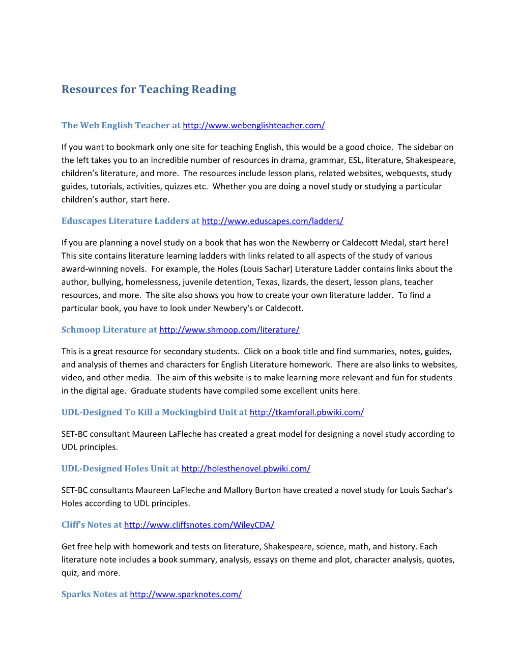 Resources for Teaching Reading