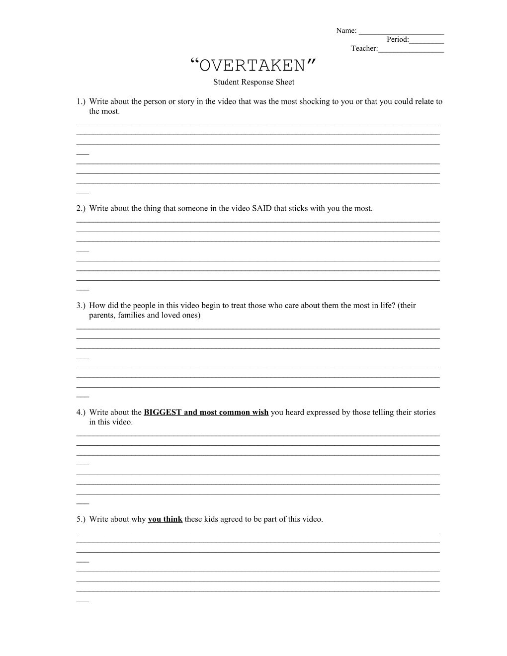 Student Response Sheet