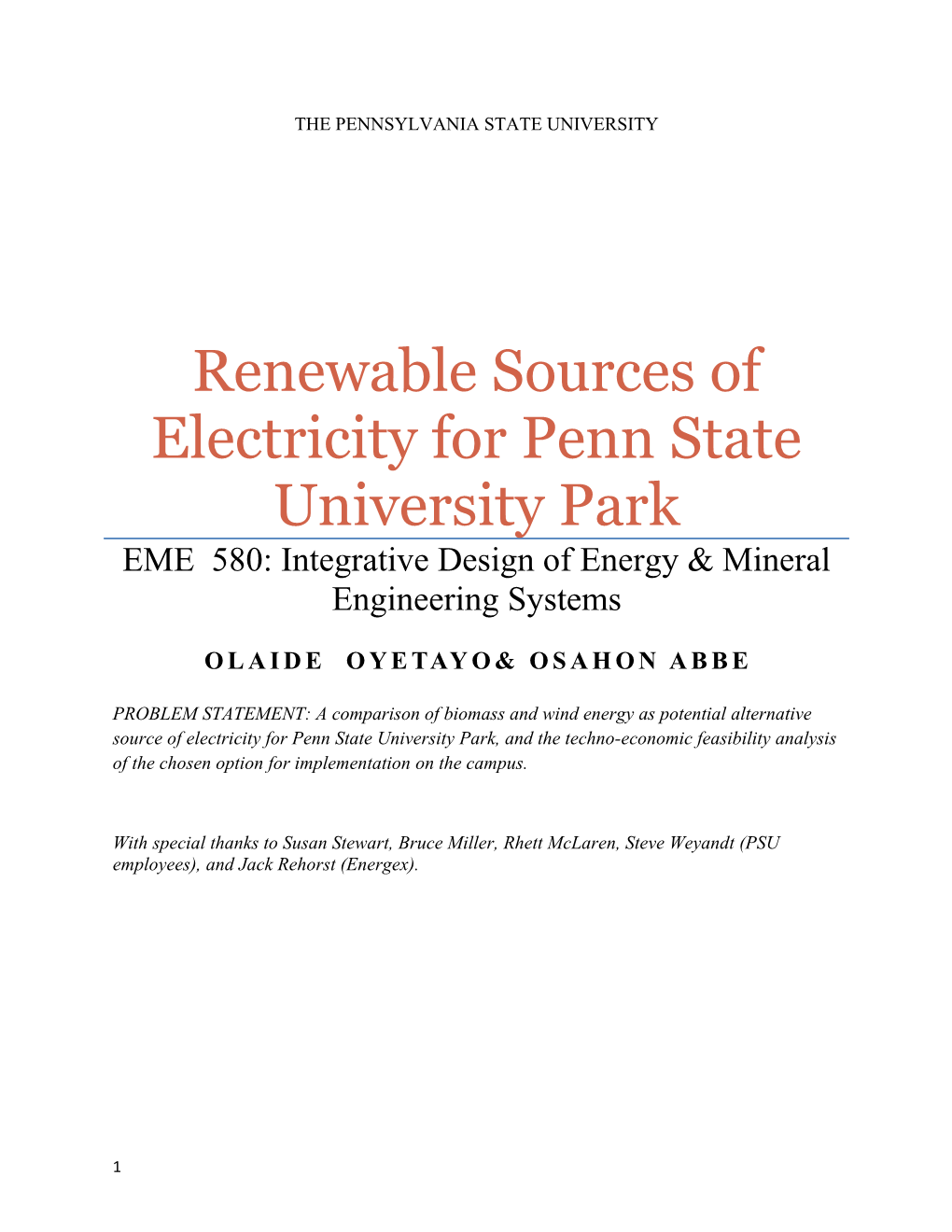 Renewable Sources of Electricity for Penn State University Park