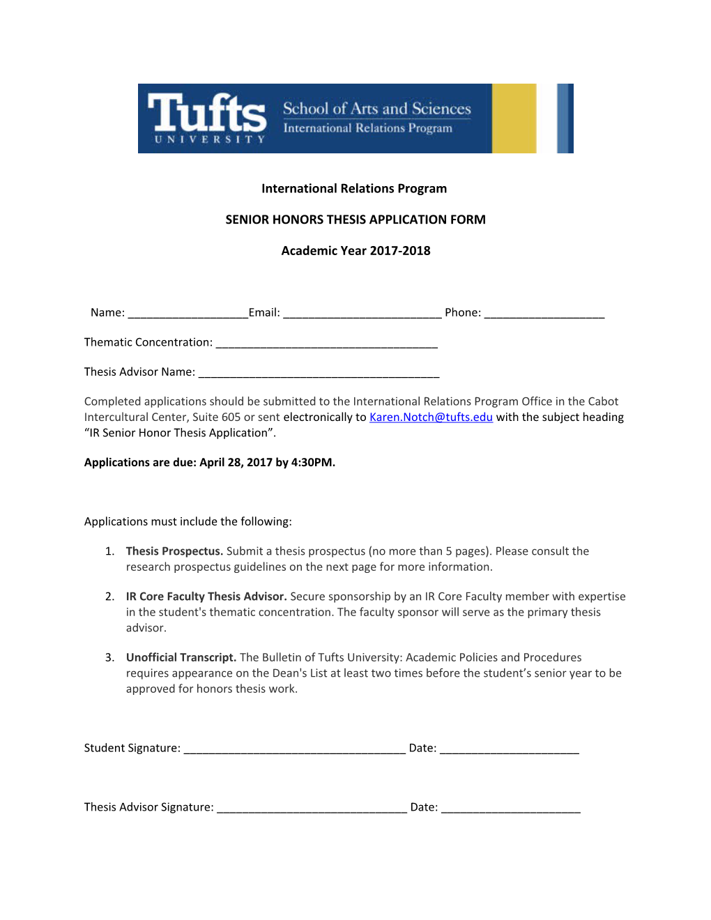Senior Honors Thesis Application Form