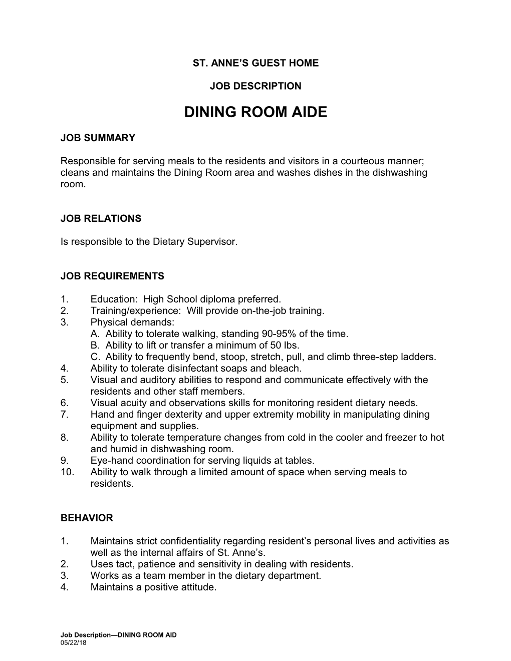 Job Description Dietary Dining Room Aide