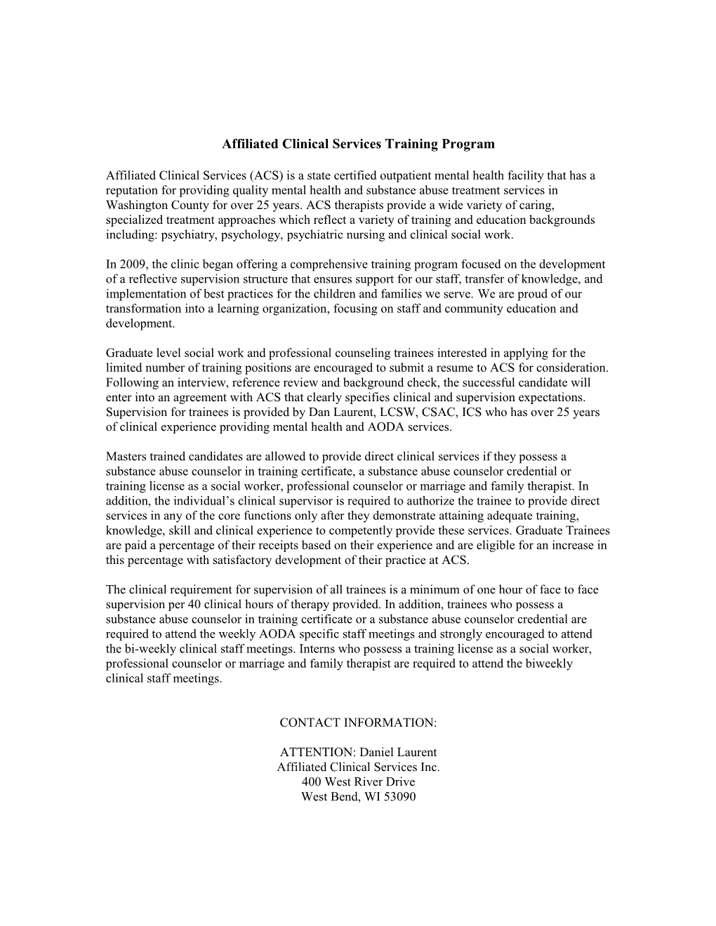 Affiliated Clinical Services Training Program
