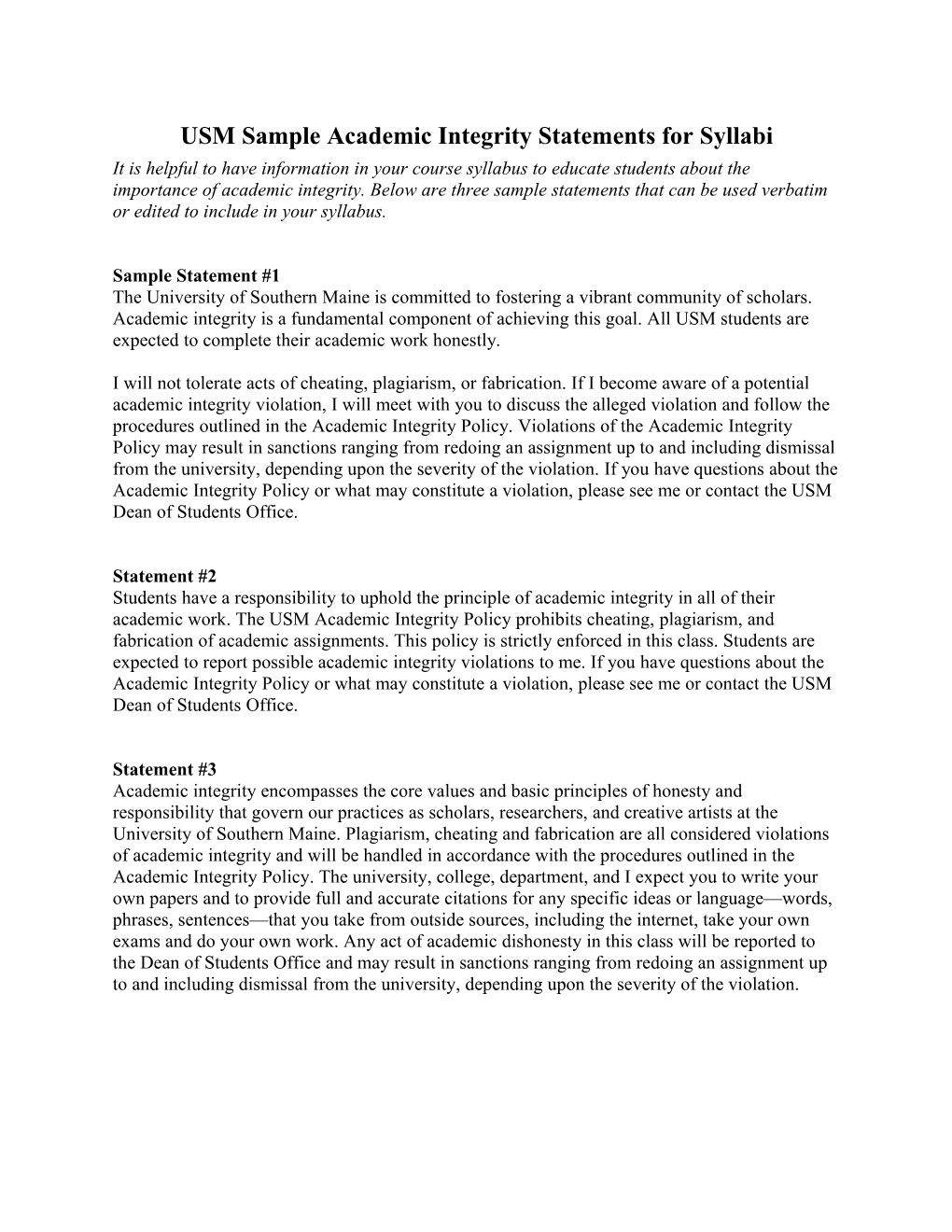 USM Sample Academic Integrity Statements for Syllabi