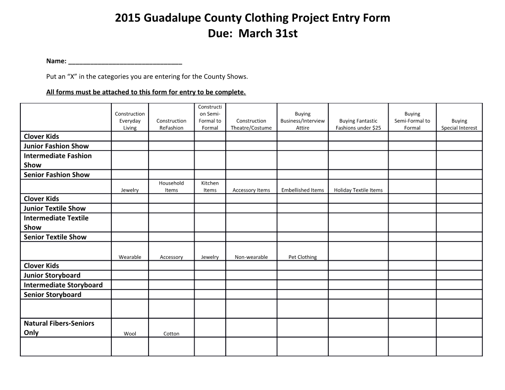 2015 Guadalupe County Clothing Project Entry Form