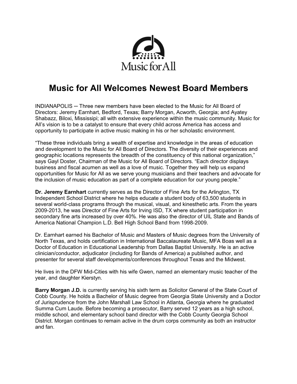Music for All Welcomes Newest Board Members