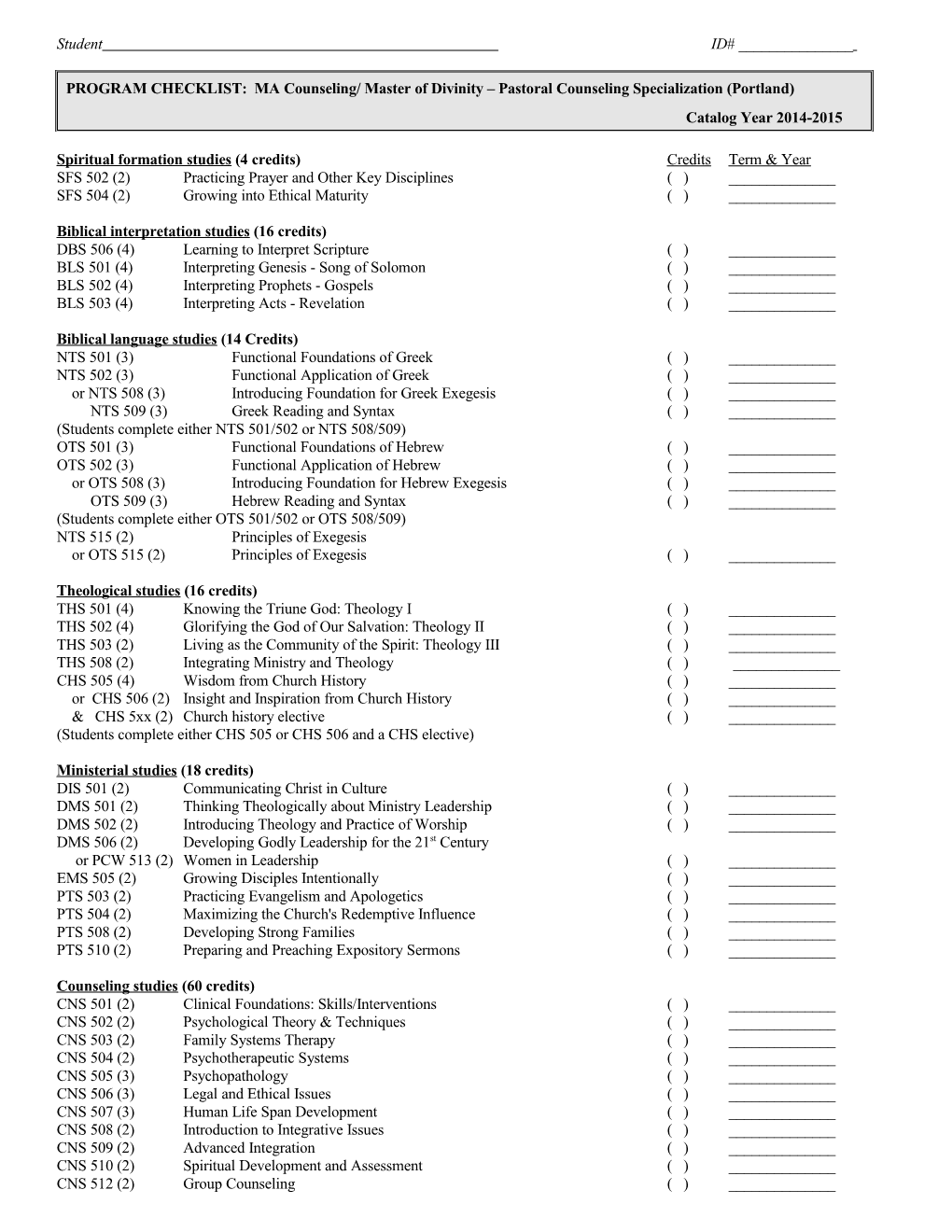 Spiritual Formation Studies (4 Credits) Credits Term & Year s1