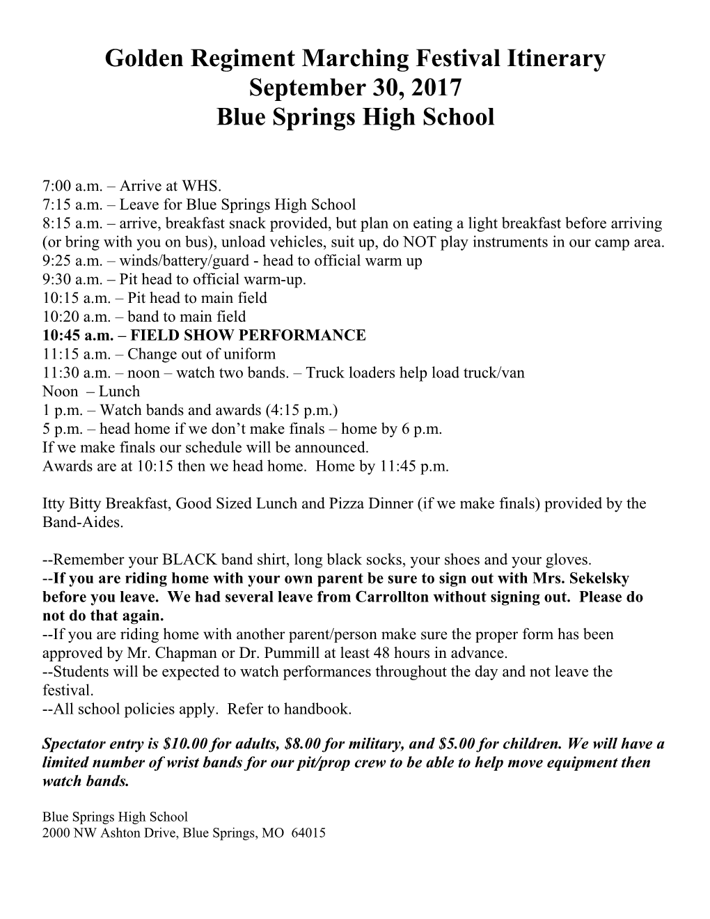 Golden Regiment Marching Festival Itinerary