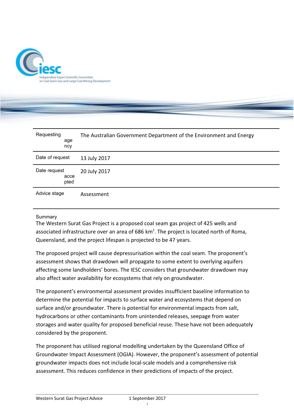 Advice to Decision Maker on Coal Seam Gas Project IESC 2017-087: Western Surat Gas Project
