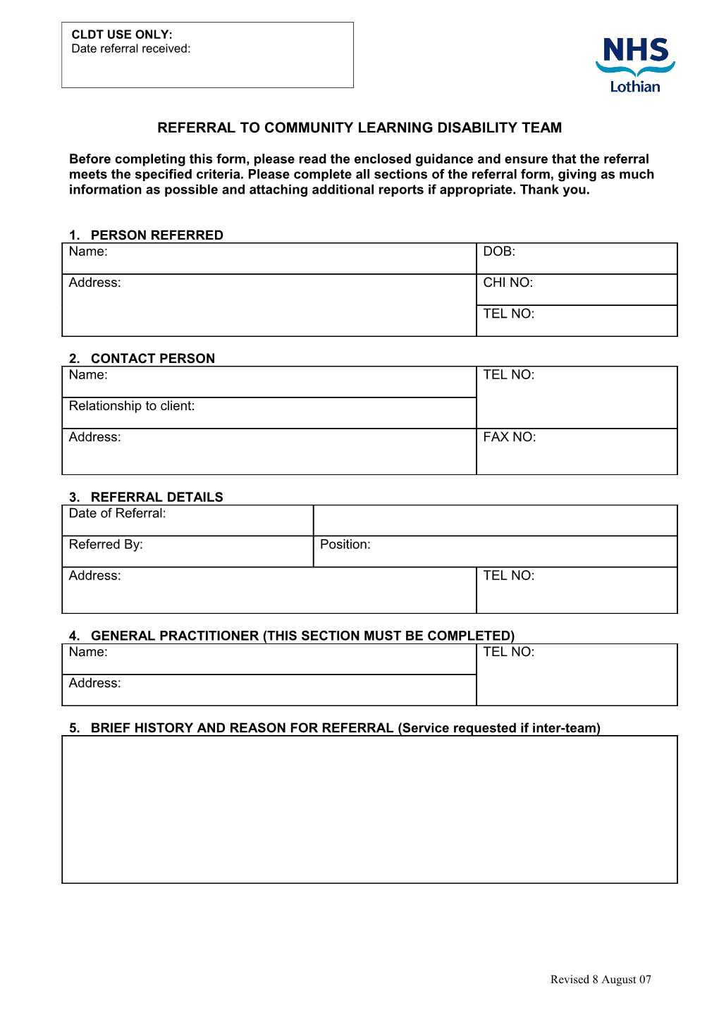 Referral Form to Community Learning Disability Team