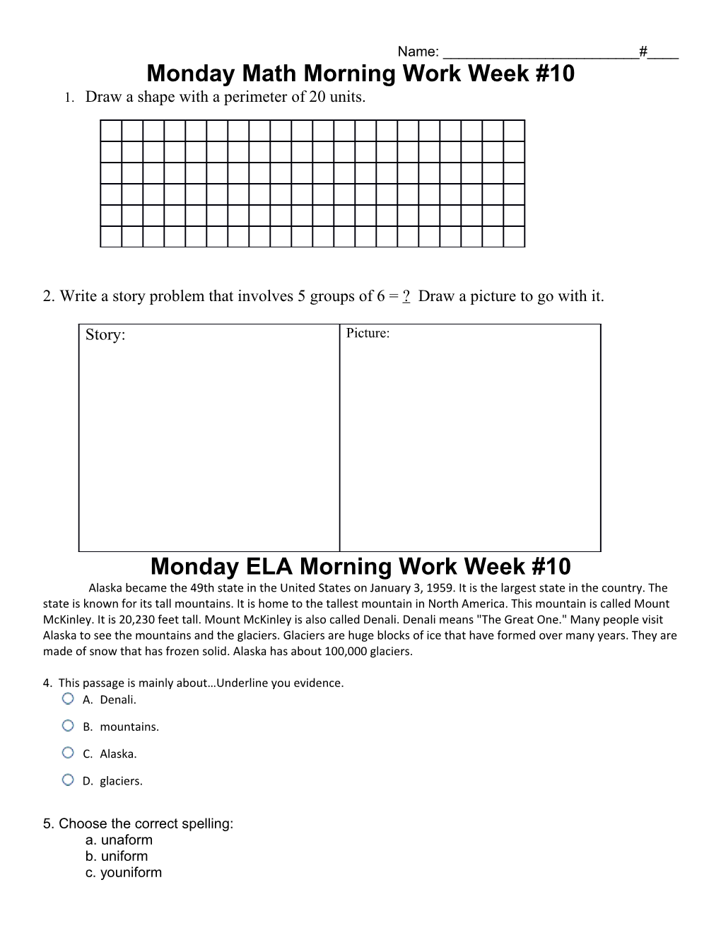 Monday Math Morning Work Week #10