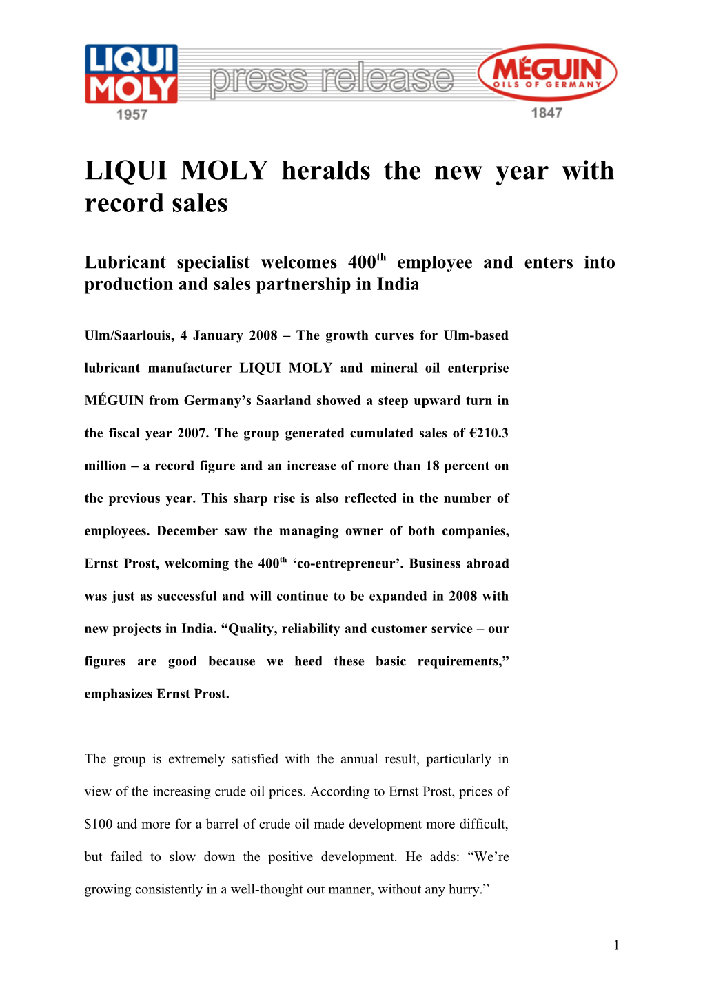 LIQUI MOLY Heralds the New Year with Record Sales