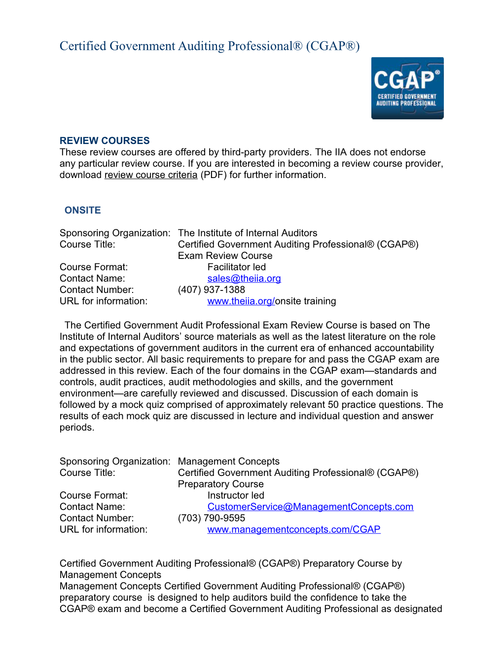 Certified Government Auditing Professional (CGAP) Exam Review Courses