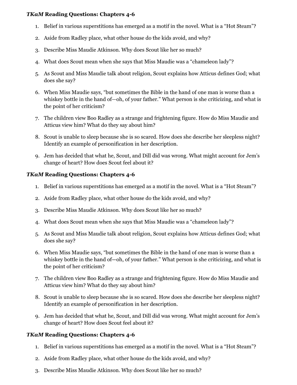 Tkam Reading Questions: Chapters 4-6