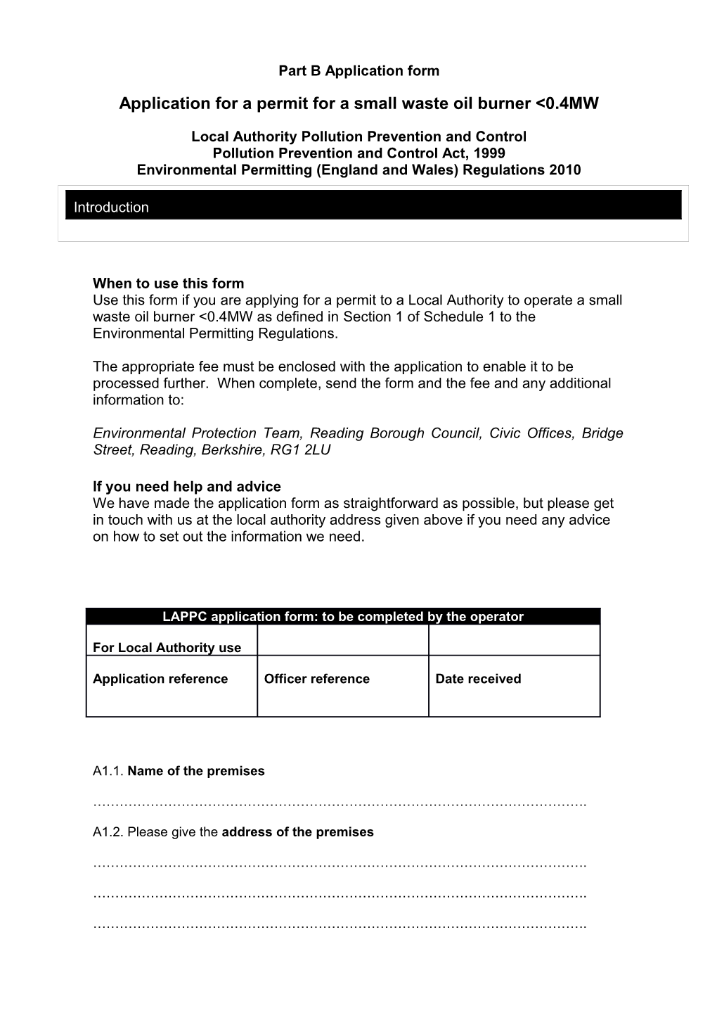 Application for a Permit for a Small Waste Oil Burner 0.4MW