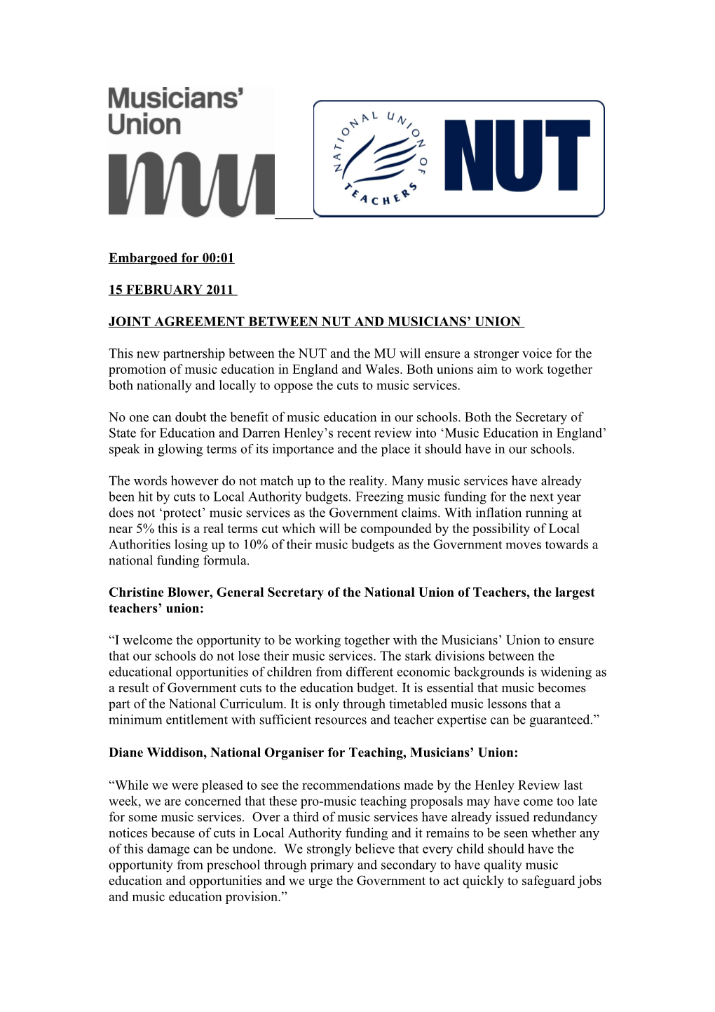 Joint Agreement Between Nut and Musicians Union