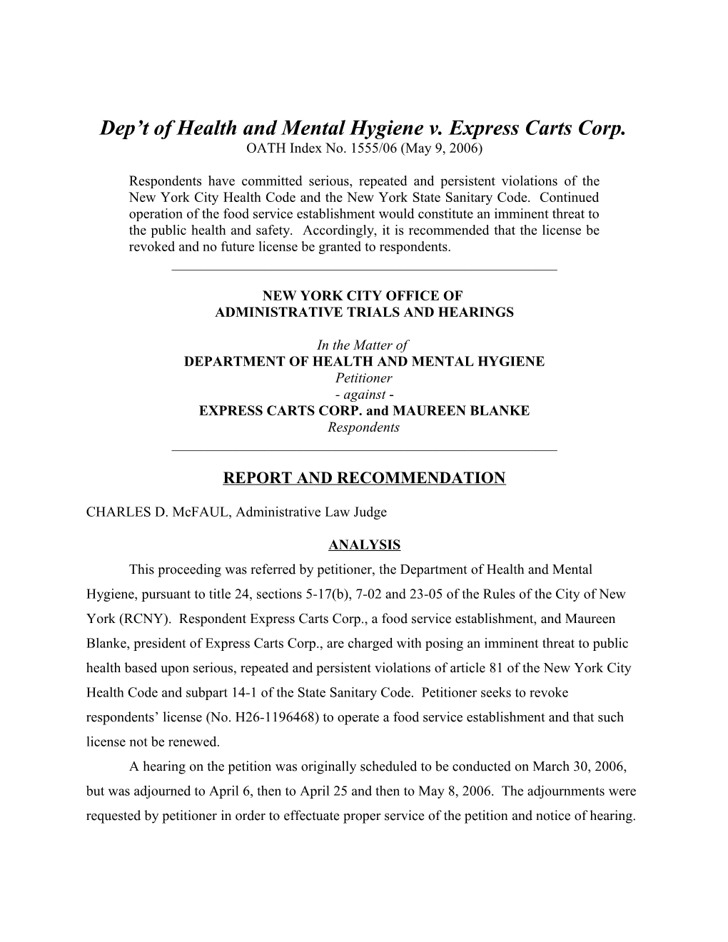 Dep T of Health and Mental Hygiene V