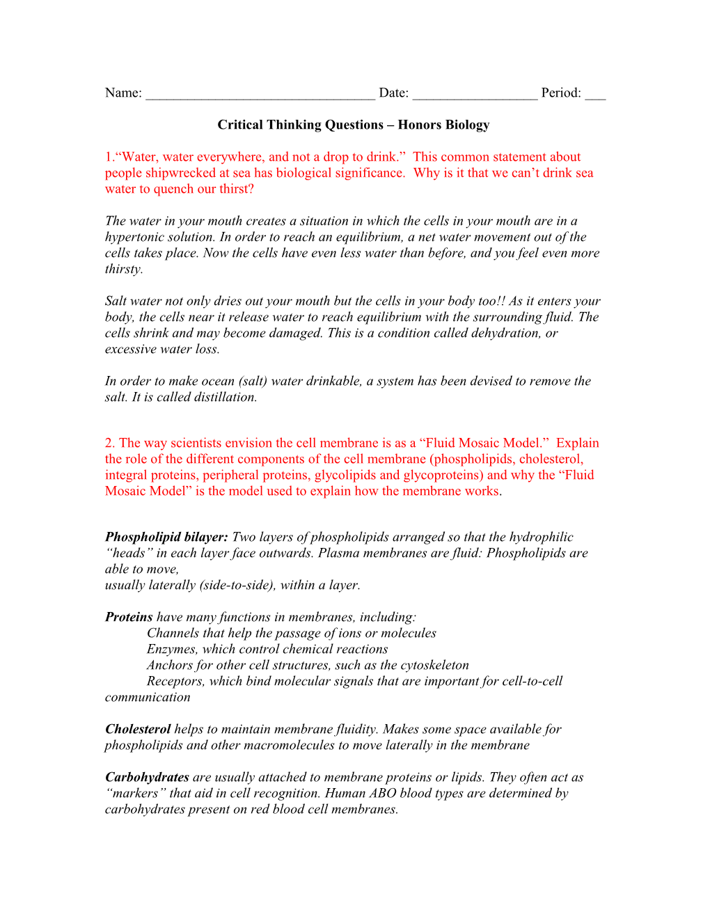 Critical Thinking Questions Honors Biology