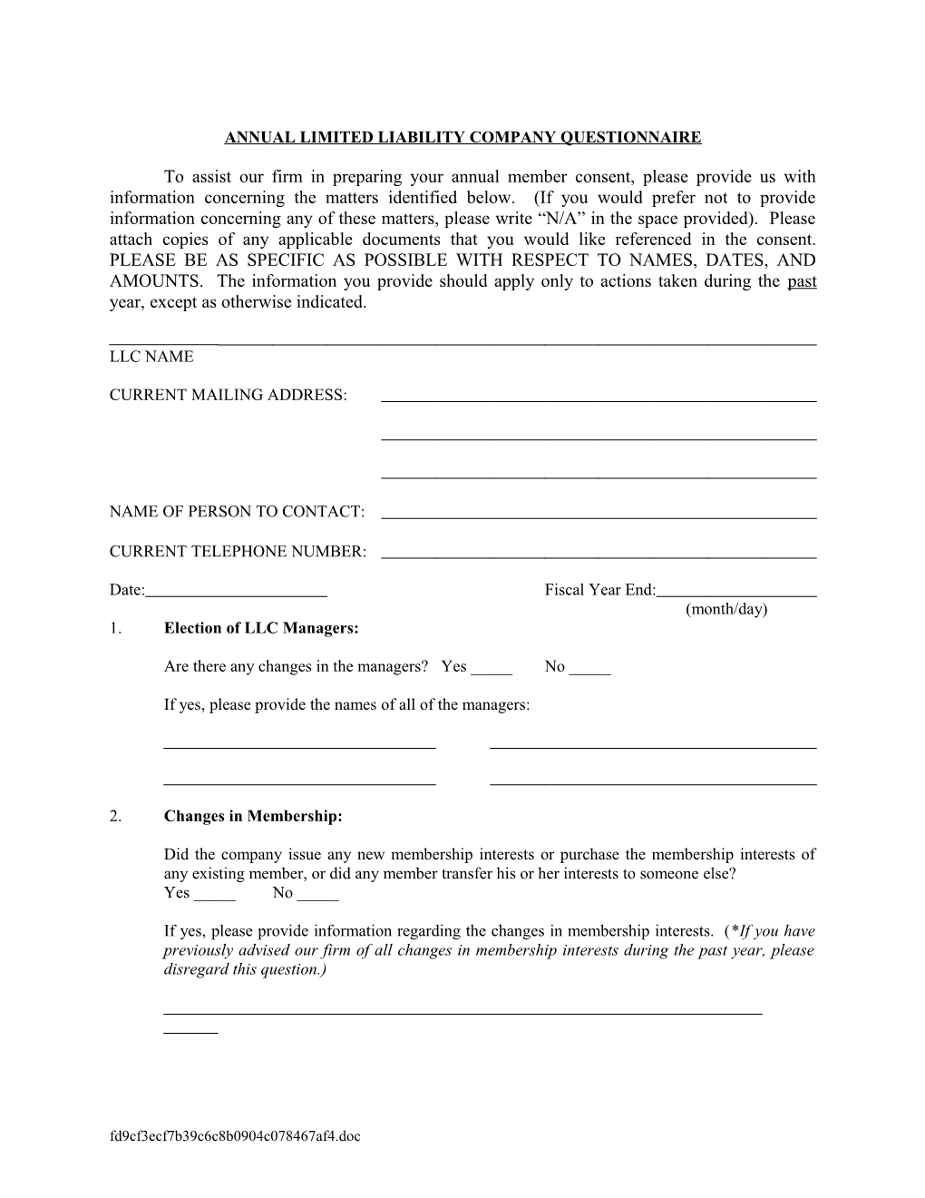 Annual Limited Liability Company Questionnaire