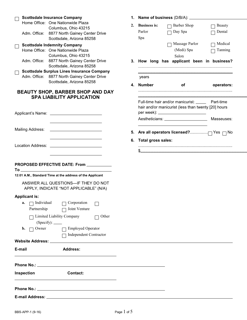 Beauty Shop, Barber Shop and Day Spa Liability Application