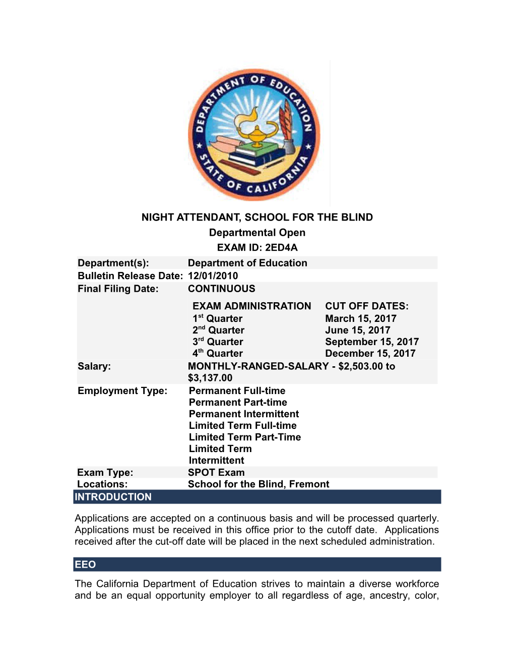 Night Attendant, School for the Blind - Jobs at CDE (CA Dept of Education)