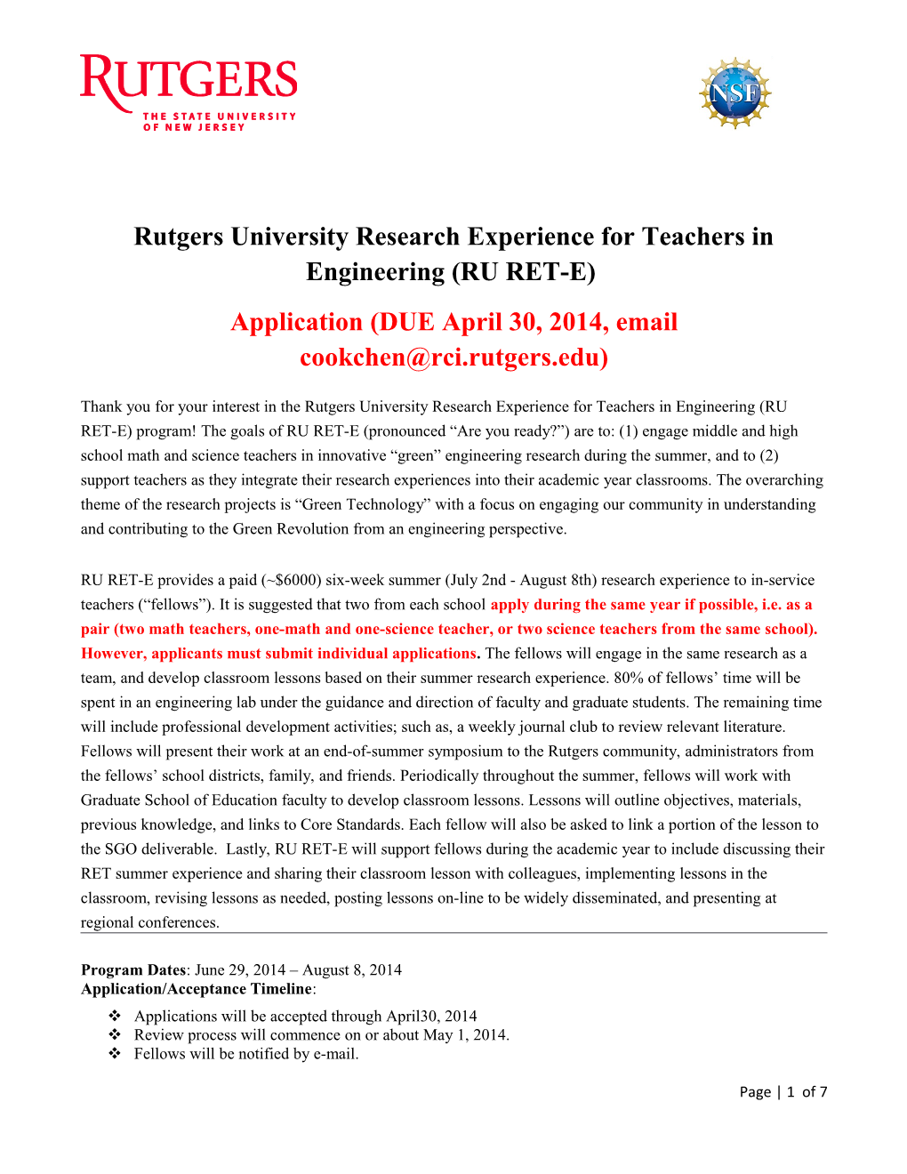 Rutgers University Research Experience for Teachers in Engineering (RU RET-E)