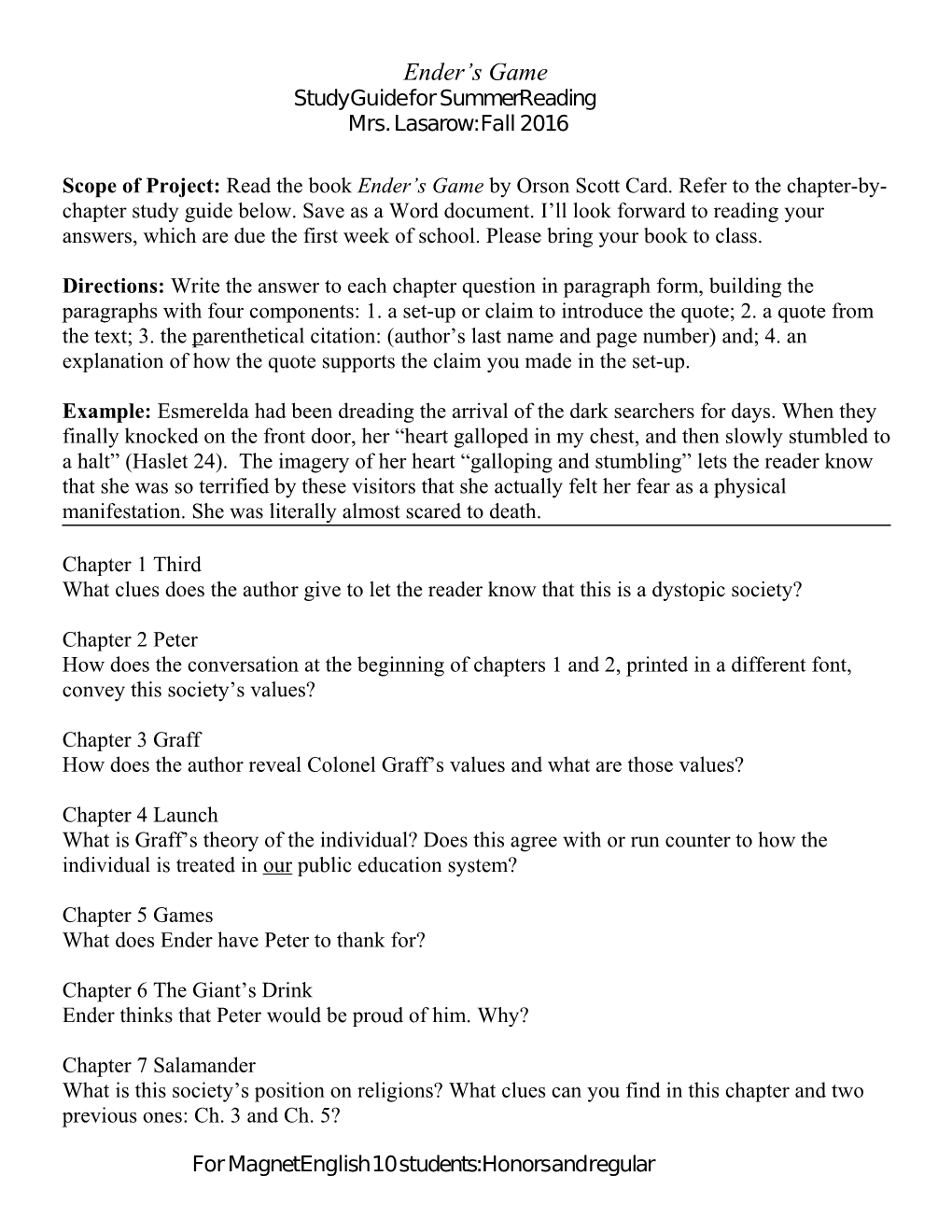 Ender S Game Study Guide for Summer Reading Assigned to Magnet English 10 Students Regular