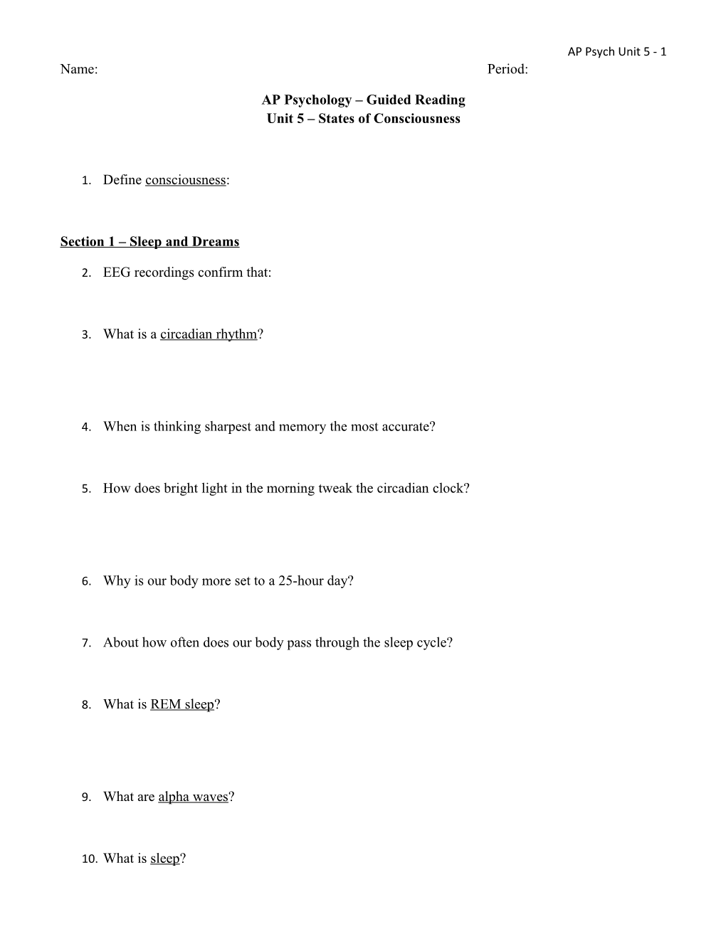 AP Psychology Guided Reading Unit 5 States of Consciousness