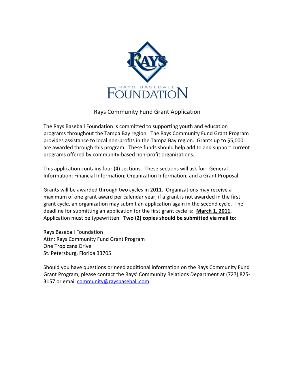 Rays Community Fund Grant Application