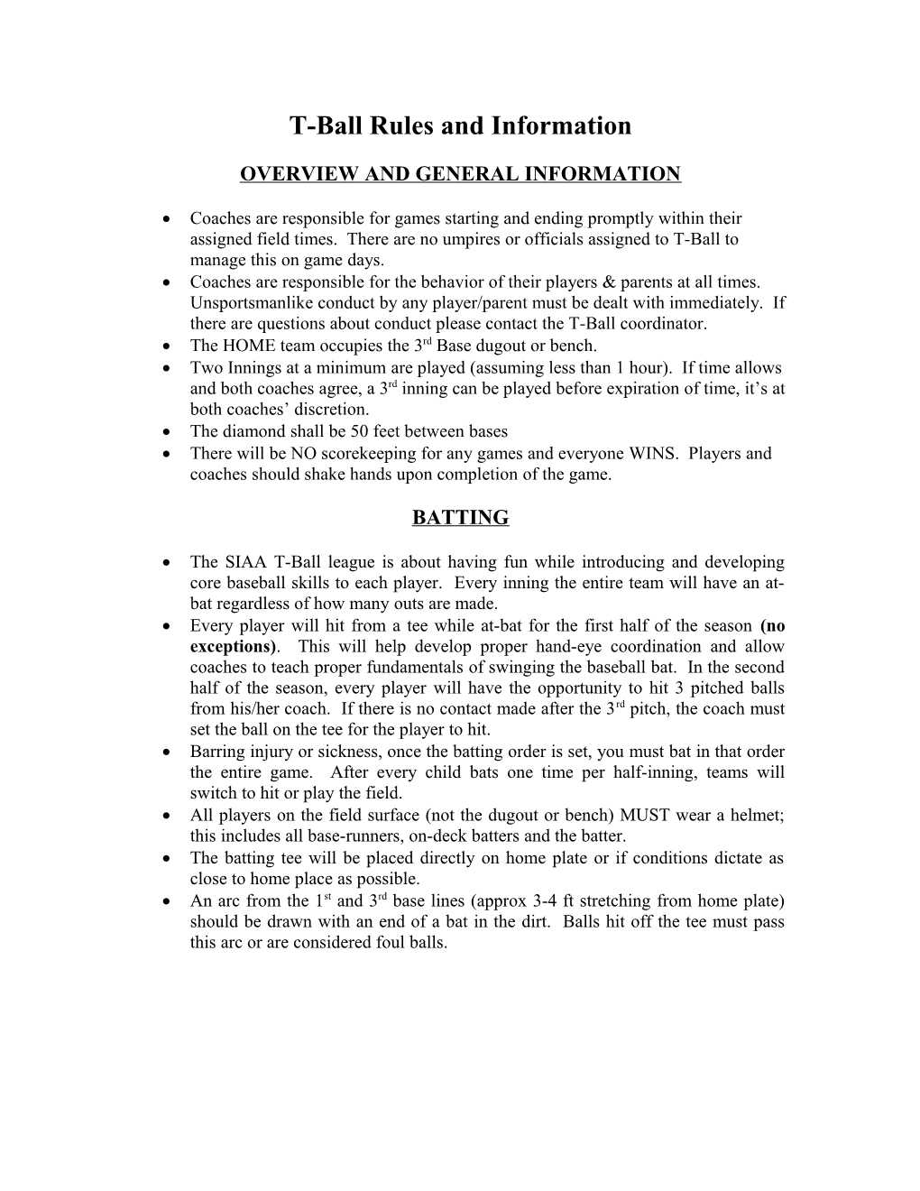 2010 SIAA T-Ball Rules and Information