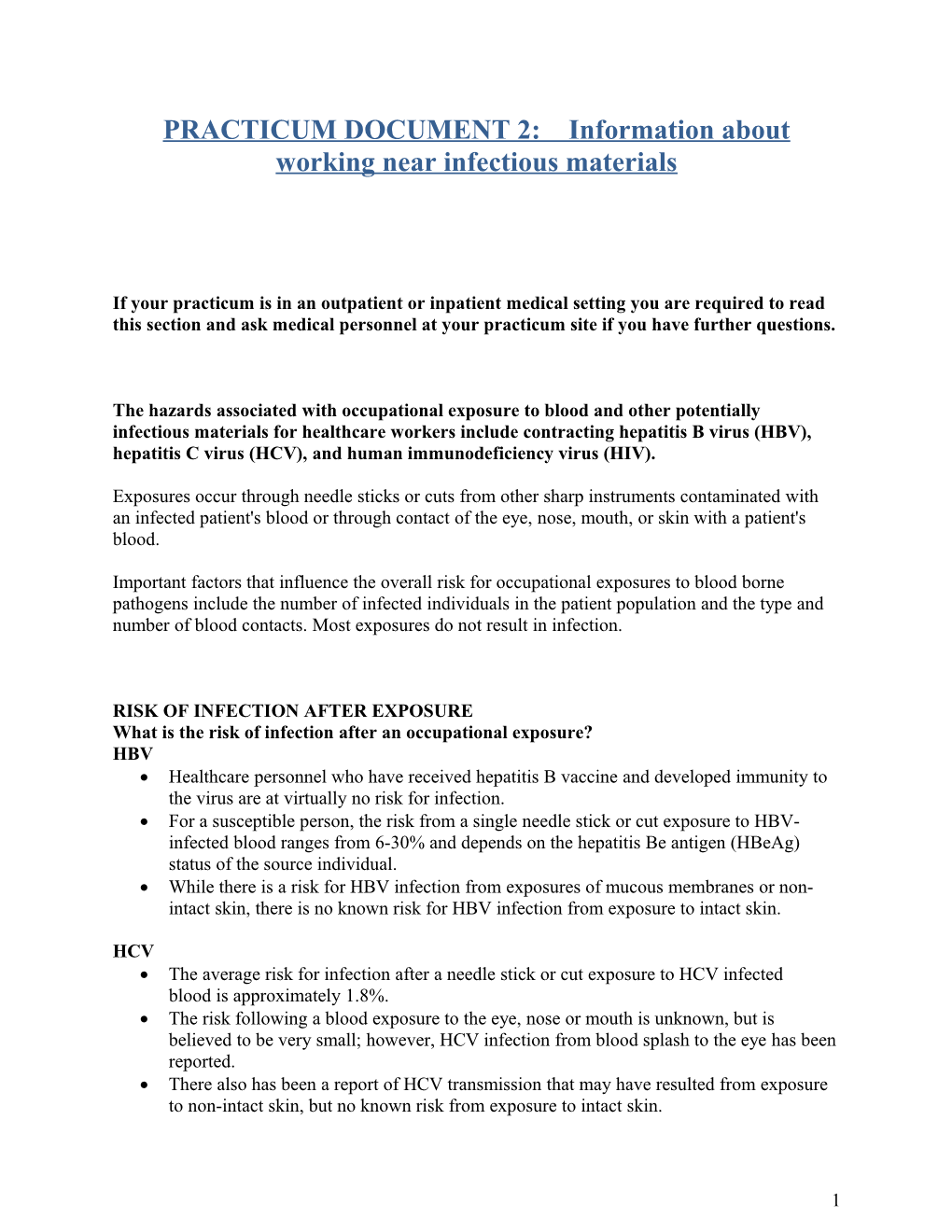 PRACTICUM DOCUMENT 2: Information About Working Near Infectious Materials