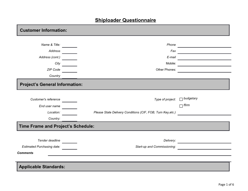 Shiploader Questionnaire