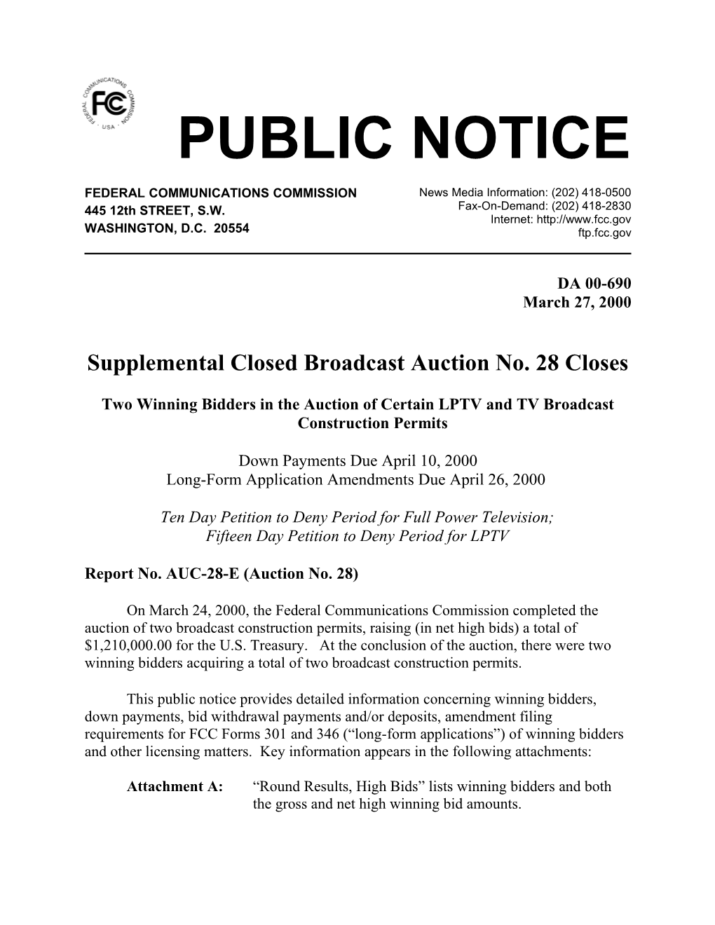 Supplemental Closed Broadcast Auction No. 28 Closes