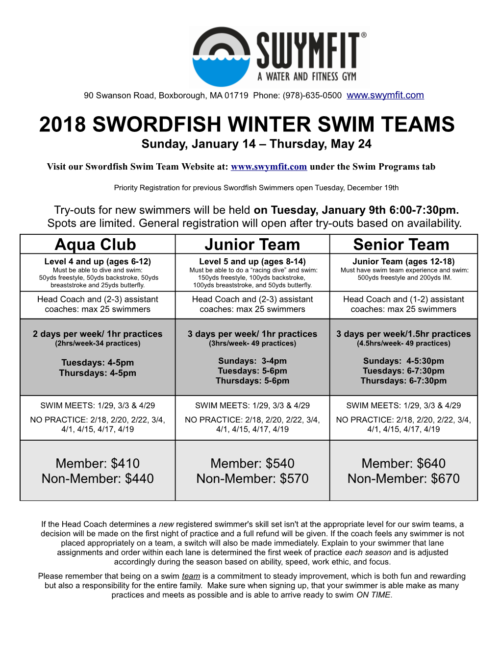 Visit Our Swordfish Swim Team Website At: Under the Swim Programs Tab