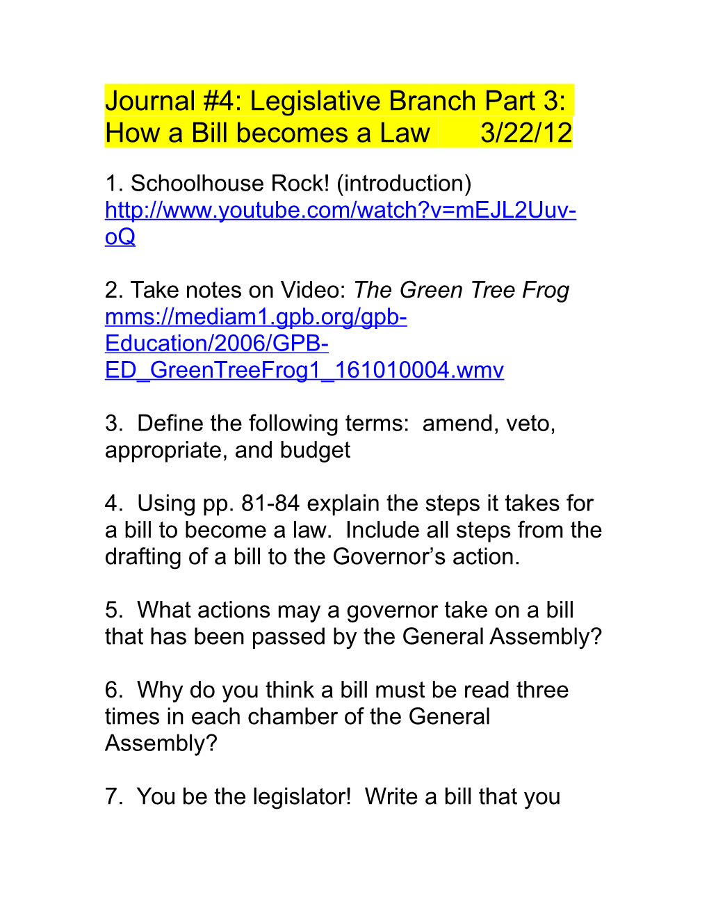Journal #4: Legislative Branch Part 3: How a Bill Becomes a Law