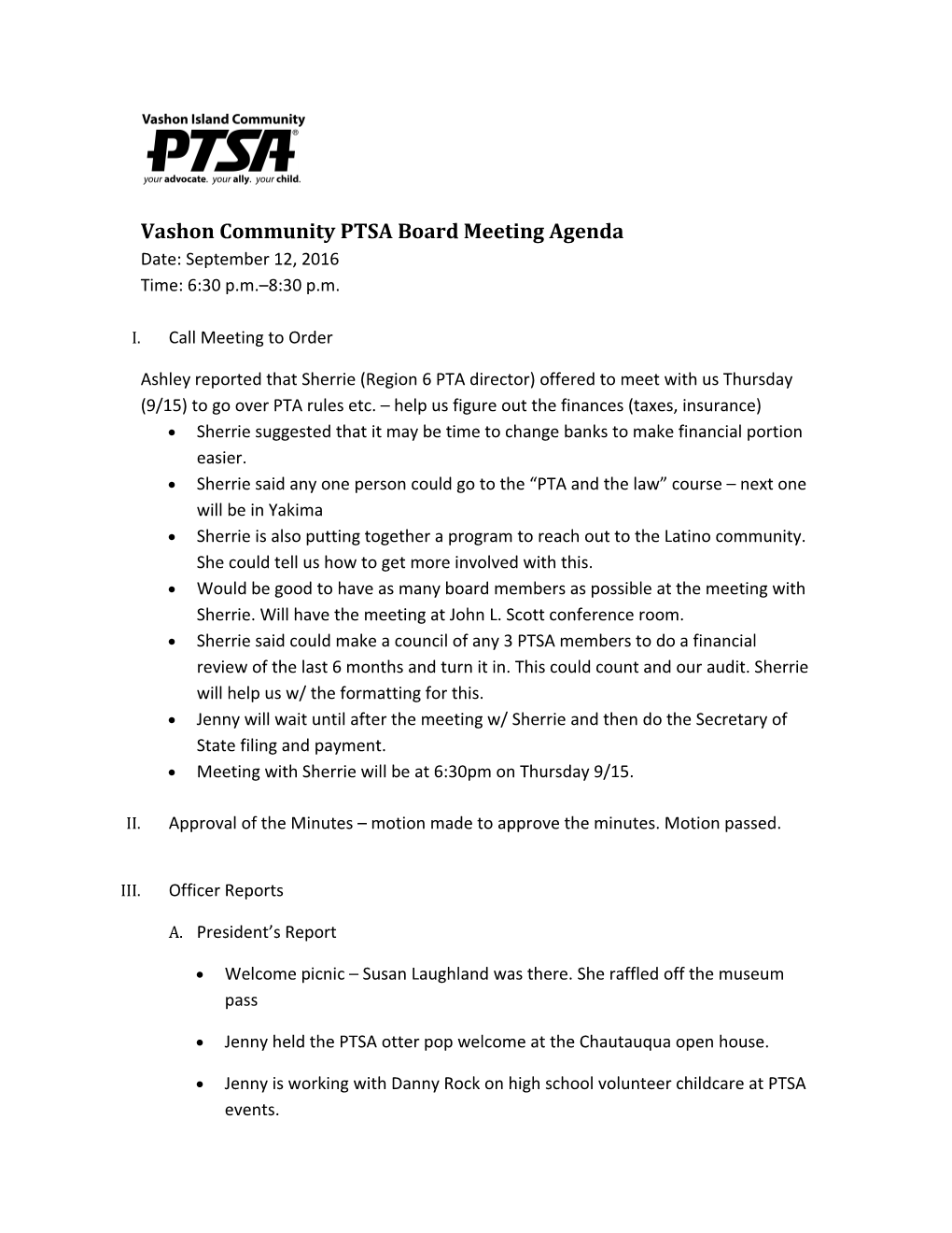 Vashon Community PTSA Board Meeting Agenda