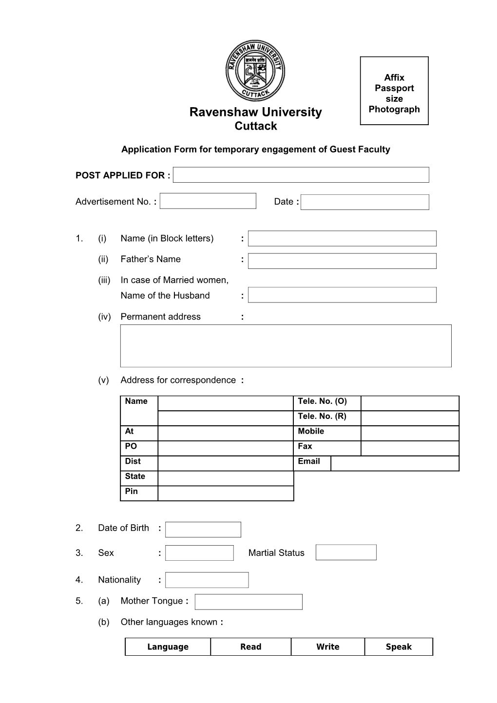 Application Form for Temporary Engagement of Guest Faculty